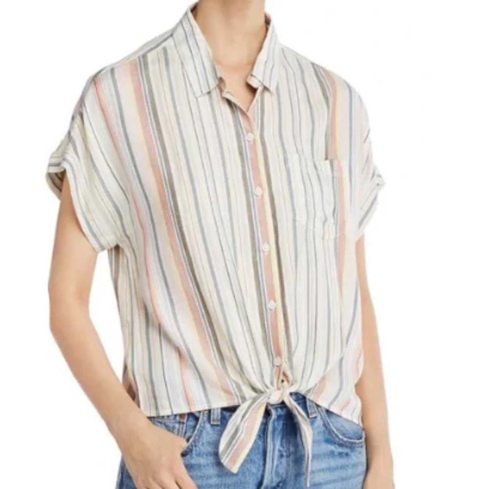 beachlunchlounge Striped Tie-Front Buttonup Blouse in Cream, Pink & Blue